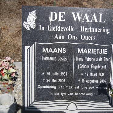 WAAL Hermanus Josias, de 1931-2006 &amp; Maria Petronella DE BEER nee ENGELBRECHT 1938-2006
