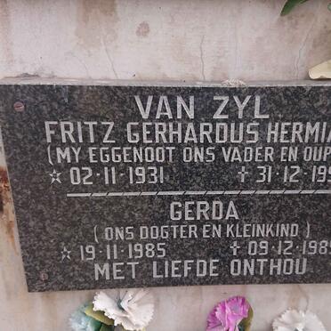 ZYL Fritz Gerhardus Hermias, van 1931-1998 :: VAN ZYL Gerda 1985-1985