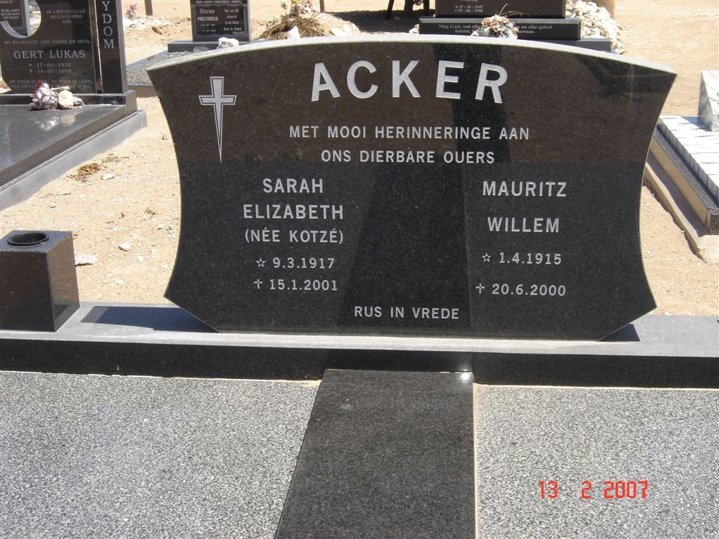 ACKER Mauritz Willem 1915-2000 & Sarah Elizabeth KOTZE 1917-2001