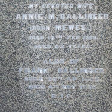 BALLINGER Frank 1882-1932 &amp; Annie M. MEWES -1919
