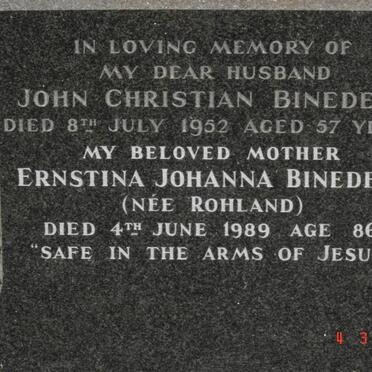 BINEDELL John Christian -1952 &amp; Ernstina Johanna ROHLAND -1989