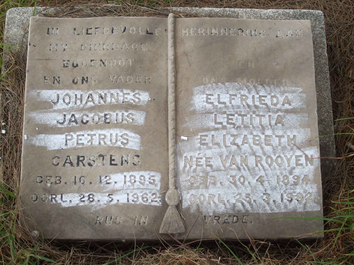 CARSTENS Johannes Jacobus Petrus 1895-1962 &amp; Elfrieda Letitia Elizabeth VAN ROOYEN 1894-1982