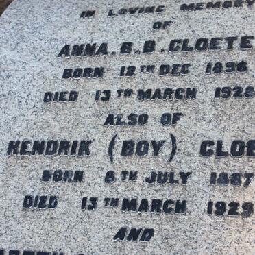 CLOETE Anna B.B. 1896-1928 :: CLOETE Hendrik 1887-1929
