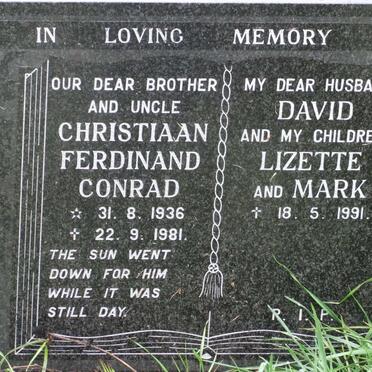 CONRAD Christiaan Ferdinand 1936-1981 :: ? David -1991 :: ? Lizette -1991 :: ? Mark -1991
