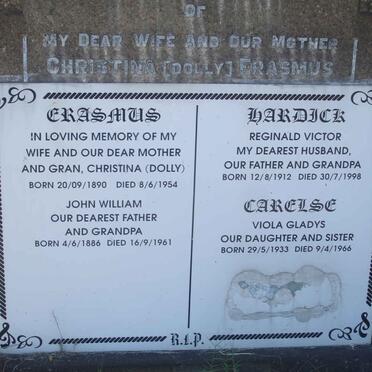 ERASMUS John William 1886-1961 &amp; Christina 1890-1954 :: HARDICK Reginald Victor 1912-1998 :: CARELSE Viola Gladys 1933-1966