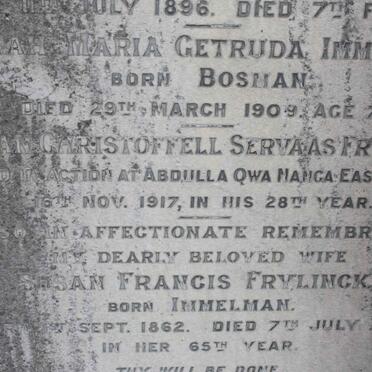 IMMELMAN Sarah Maria Gertruida nee BOSMAN -1909 :: FRYLINCK Johan Christoffell Servaas -1917