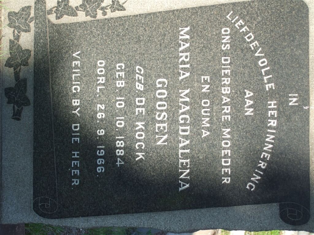 GOOSEN Maria Magdalena nee DE KOCK 1884-1966