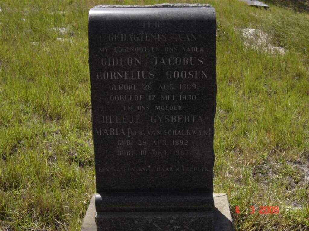 GOOSEN Gideon Jacobus Cornelius 1889-1950 &amp; Heleje Gysberta Maria VAN SCHALKWYK 1892-1963