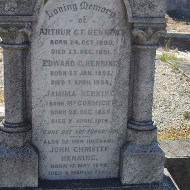 HENNING John Christen 1842-1934 &amp; Jamima McCORMICK 1855-1914 :: HENNING Arthur C.F.1890-1891 :: HENNING Edward C.1895-1904