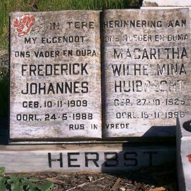 HERBST Frederick Johannes 1909-1988 &amp; Magaretha Wilhelmina Huibrecht 1925-1996