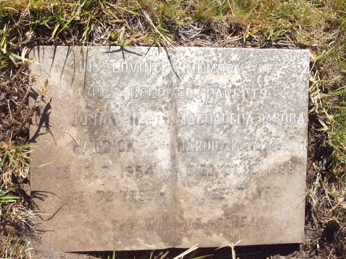 HARDICK Johan W. -1954 &amp; Magdalena Jacoba GOSLETT -1958