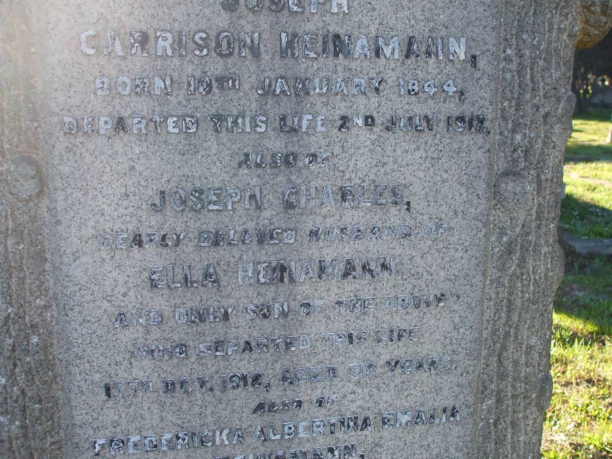 HEINEMANN Joseph Carrison 1844-1917 :: HEINEMANN Joseph Charles -1918 :: HEINEMANN Fredericka Albertina Emalia -1928