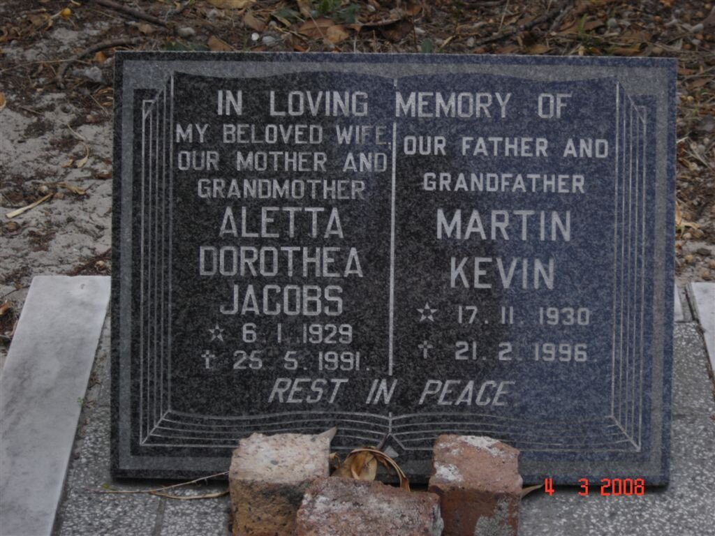 JACOBS Martin Kevin 1930-1996 &amp; Aletta Dorothea 1929-1991