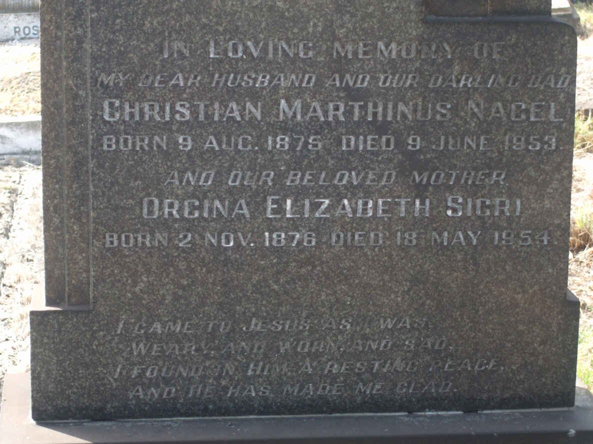 NAGEL Christian Marthinus 1875-1953 &amp; Orgina Elizabeth SIGRI 1876-1954