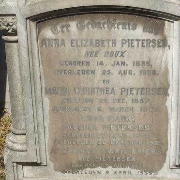 PIETERSEN Elizabeth nee ROUX 1835-1908 :: PIETERSEN Maria Dorothea 1857-1902 :: PIETERSEN Anna Maria Paulina 1875-1933 :: BRIERS