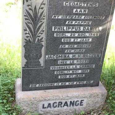 RACZEK Philippus Daniel -1945 &amp; Jacomina M.H., formerly LA GRANGE, nee LE ROUX -1989