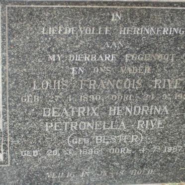 RIVE Louis Francois 1890-1958 &amp; Beatrix Hendrina Petronella BESTER 1896-1987