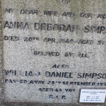 SIMPSON William Daniel -1954 &amp; Anna Deborah -1949  :: SIMPSON Dorothea Elizabeth nee DRIVER 1914-1999