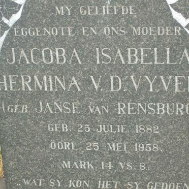VYVER Jacoba Isabella Hermina, v.d. nee JANSE VAN RENSBURG 1882-1958