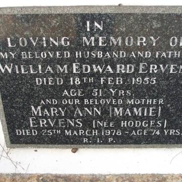 ERVENS William Edward -1955 &amp; Mary Ann HODGES -1978
