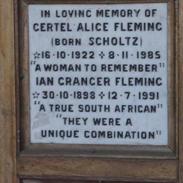 FLEMING Ian Granger 1898-1991 &amp; Gertel Alice SCHOLTZ 1922-1985