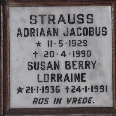 STRAUSS Adriaan Jacobus 1929-1990 &amp; Susan Berry Lorraine 1936-1991