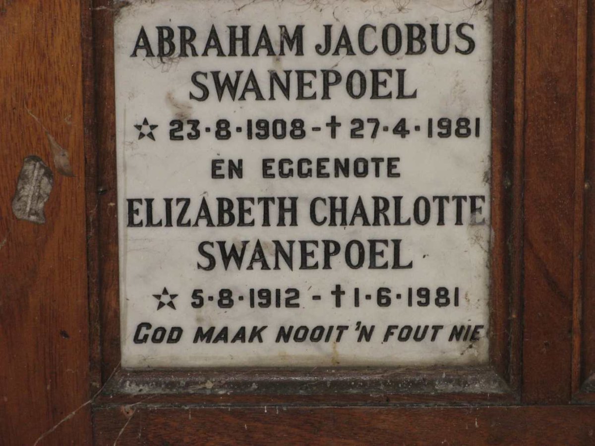 SWANEPOEL Abraham Jacobus 1908-1981 & Elizabeth Charlotte 1912-1981