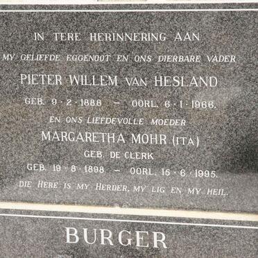 BURGER Pieter Willem van Hesland 1888-1966 &amp; Margaretha Mohr DE CLERK 1898-1995