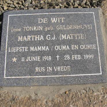 DE WIT Martha G.J. nee TONKIN geb. GELDENHUYS 1918-1999