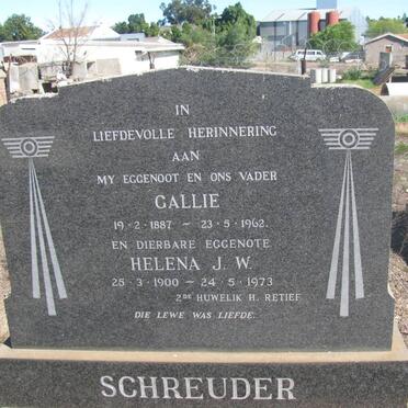 SCHREUDER Callie 1887-1962 &amp; Helena J.W. RETIEF formerly SCHREUDER 1900-1973
