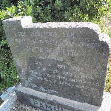 PAMPLIN Aletta Henrietta nee FRANS 1925-1960