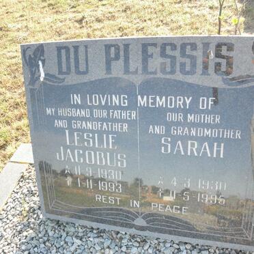 PLESSIS Leslie Jacobus, du 1930-1993 &amp; Sarah 1930-1995