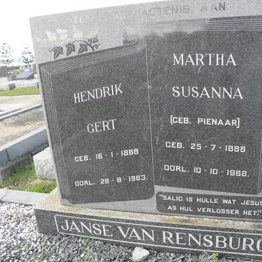 RENSBURG Hendrik Gert, Janse van 1888-1963 &amp; Martha Susanna PIENAAR 1888-1968