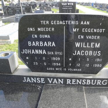 RENSBURG Willem Jacobus, Janse van 1911-1980 &amp; Barbara Johanna UYS 1909-1994