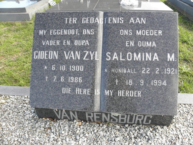 RENSBURG Gideon Van Zyl, van 1900-1986 &amp; Salomina M HONIBALL 1921-1994