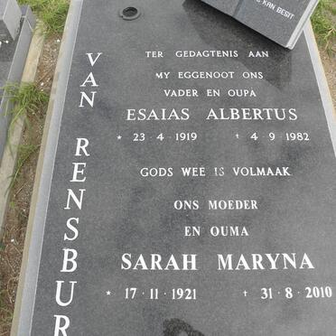 RENSBURG Esaias Albertus, van 1919-1982 &amp; Sarah Maryna 1921-2010