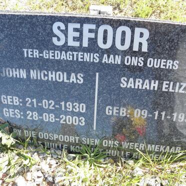 SEFOOR John Nicholas 1930-2003 &amp; Sarah Eliza 1931-