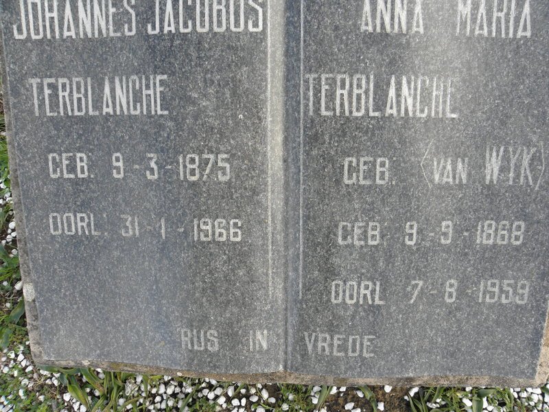 TERBLANCHE Johannes Jacobus 1875-1966 &amp; Anna Maria VAN WYK 1868-1959