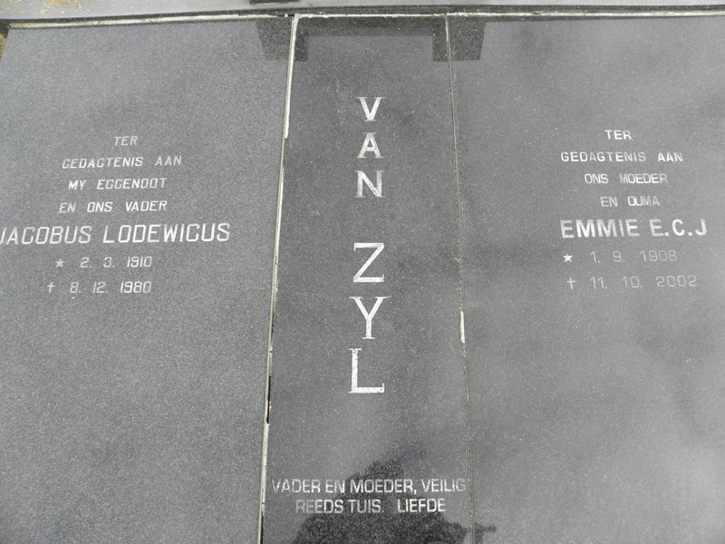ZYL Jacobus Lodewicus, van 1910-1980 &amp; E.C.J. 1908-2002
