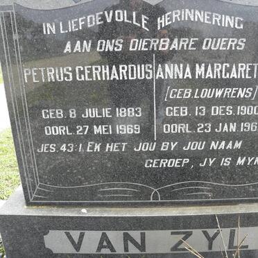 ZYL Petrus Gerhardus, van 1883-1969 &amp; Anna Margaretha B. LOUWRENS 1900-1969