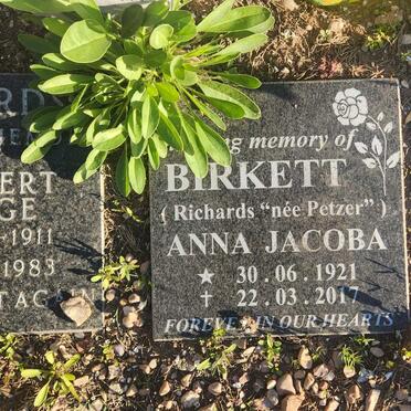 BIRKETT Anna Jacoba previously RICHARDS nee PETZER 1921-2017