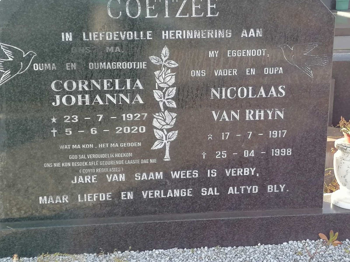COETZEE Nicolaas van Rhyn 1917-1998 & Cornelia Johanna 1927-2020