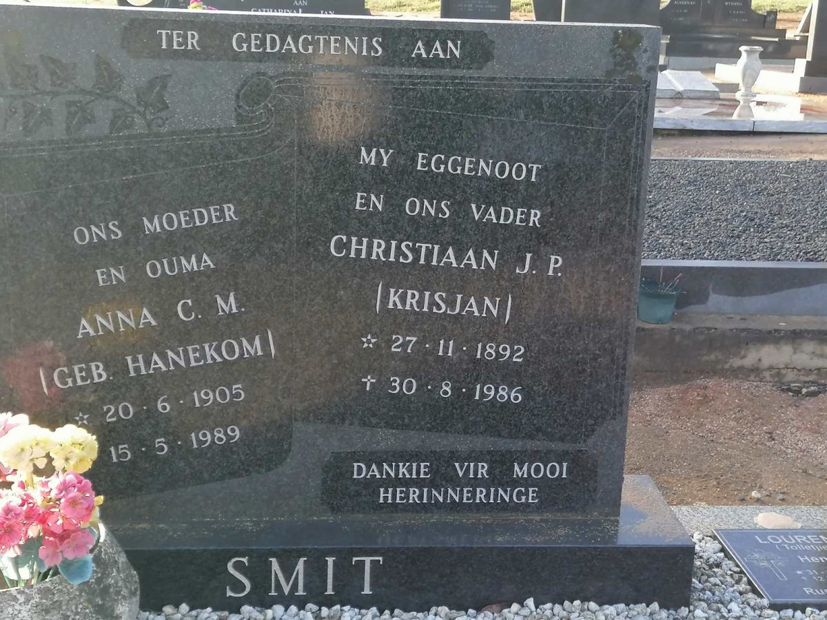 SMIT Christiaan J.P. 1892-1986 & Anna C.M. HANEKOM 1905-1989