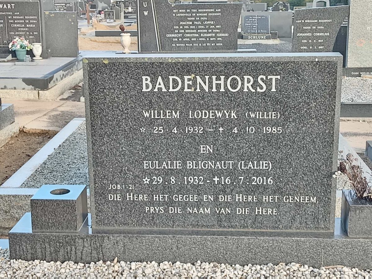 BADENHORST Willem Lodewyk 1932-1985 & Eulalie Blignaut 1932-2016