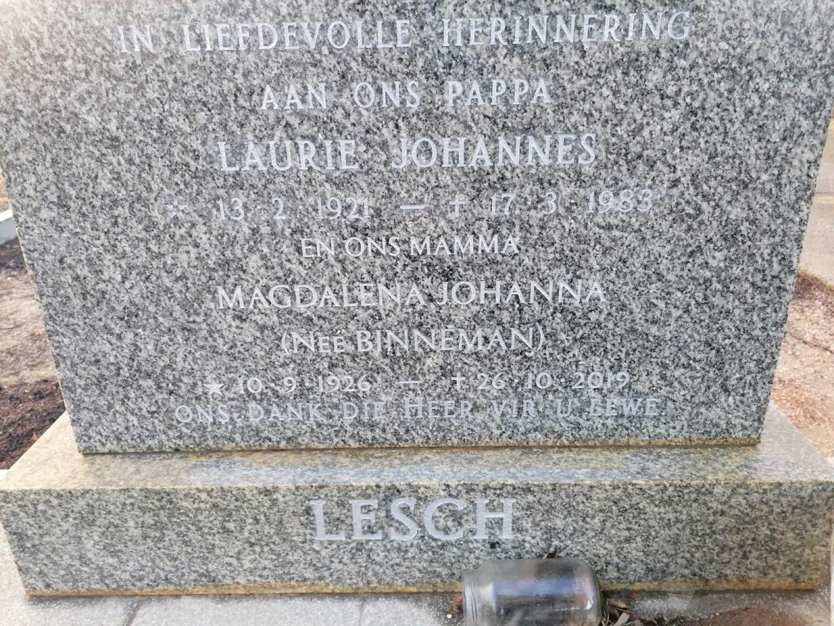 LESCH Laurie Johannes 1921-1983 & Magdalena Johanna BINNEMAN 1926-2019