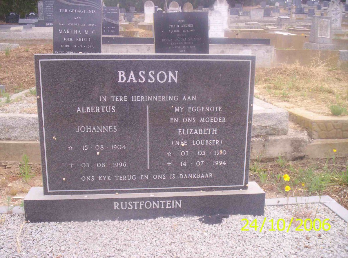 BASSON Albertus Johannes 1904-1996 &amp; Elizabeth LOUBSER 1910-1994