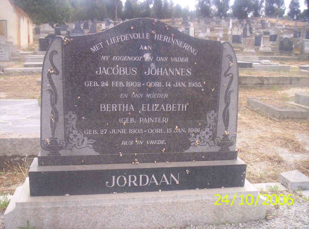 JORDAAN Jacobus Johannes 1902-1955 &amp; Bertha Elizabeth PAINTER 1905-1991