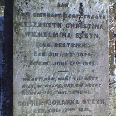 STEYN Elizabeth Christina Wilhelmina nee BESTBIER 1829-1897:: STEYN Sophia Johanna 1851-1899