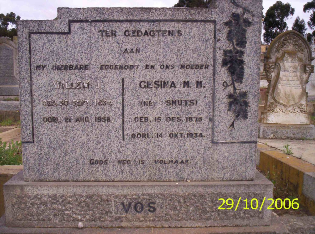 VOS Willem 1884-1958 &amp; Gesina M.M. SMUTS 1875-1934