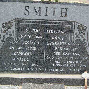 SMITH Francois Jacobus 1894-1977 &amp; Anna Gysbertha Elizabeth CARSTENS 1913-2002